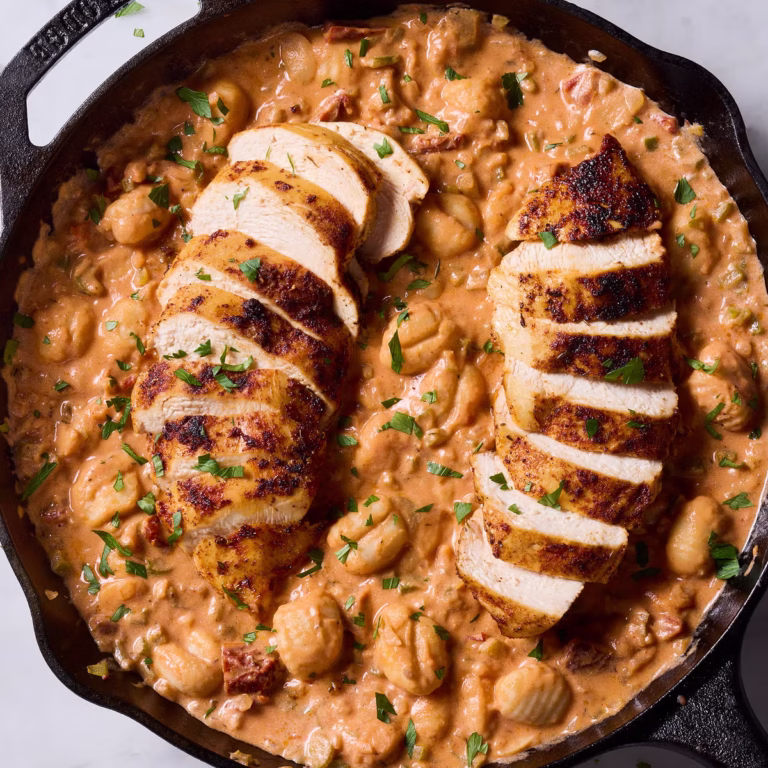 Gnocchis à la sauce tomate et poulet épicé émincé