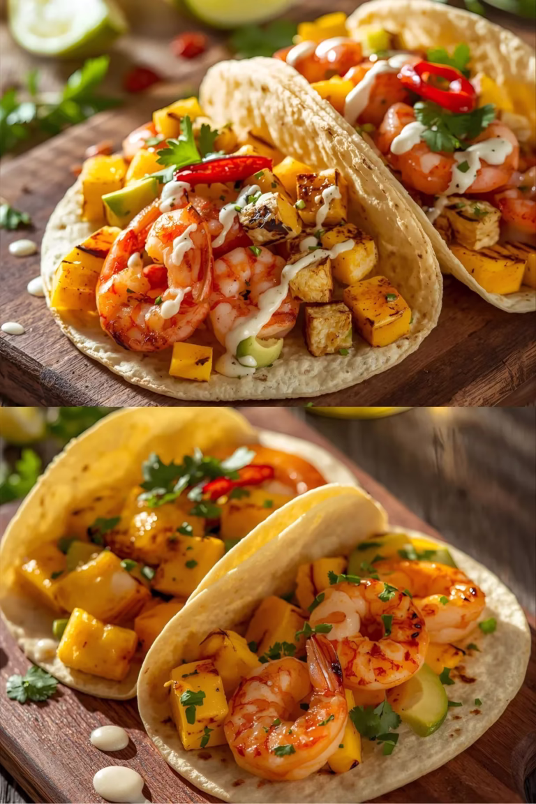 Tacos de crevettes, mangue, avocat et halloumi