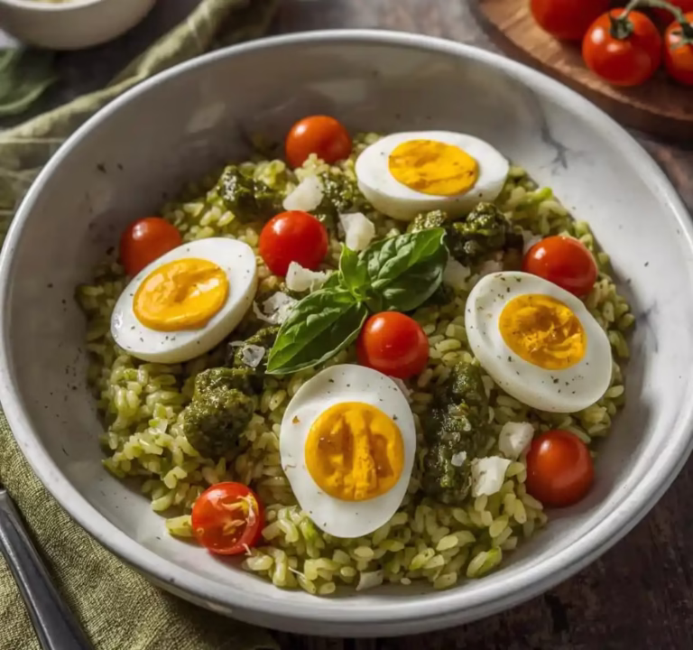Bol de riz au pesto et œufs mollets