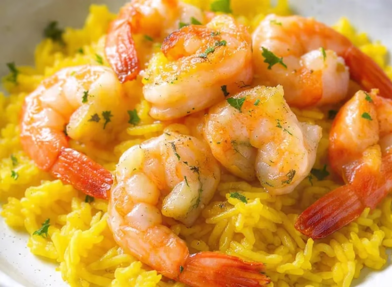 Crevettes à l’ail et riz jaune