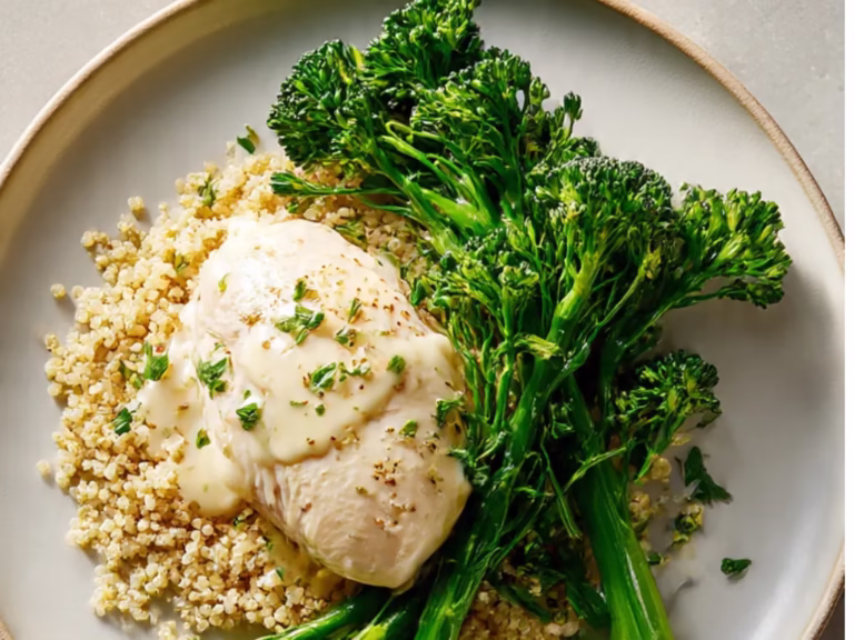 Poulet poché au lait de coco, quinoa et broccolini rôti