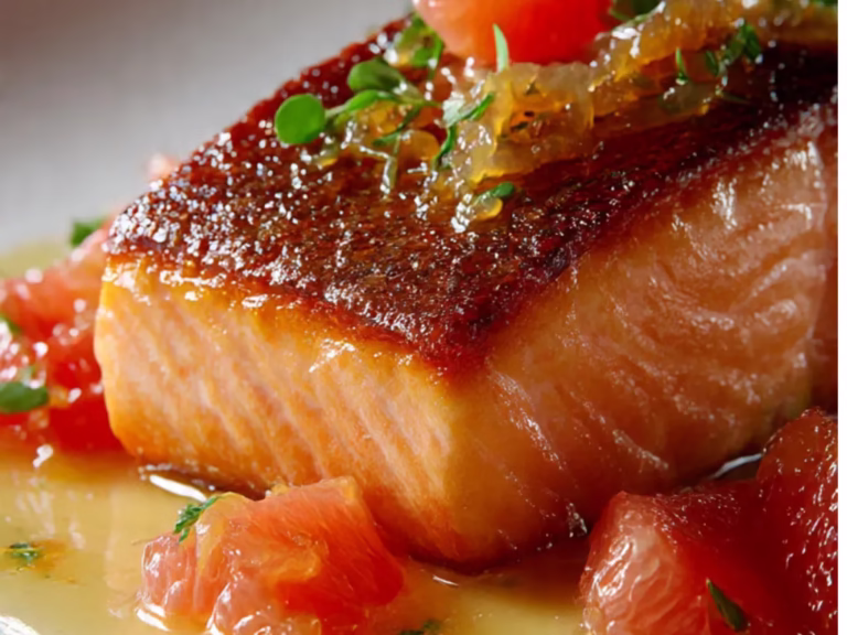 Saumon rôti et sa sauce à l’échalote et pamplemousse