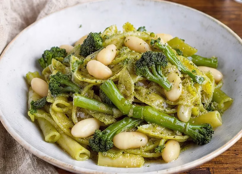 Pâtes au Pesto d’Épinards, Brocoli Rabe et Haricots Blancs